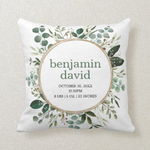 Lush Waterverf Greenery Leaves Baby Birth Stats Kussen