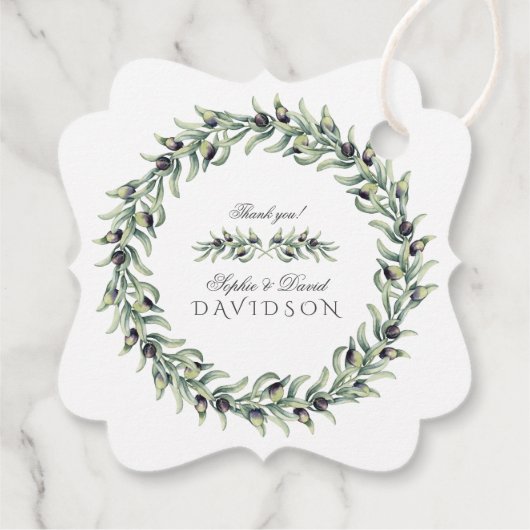 Lush Waterverf Olive Branches Wreath Wedding Bedankjes Labels (Achterkant)