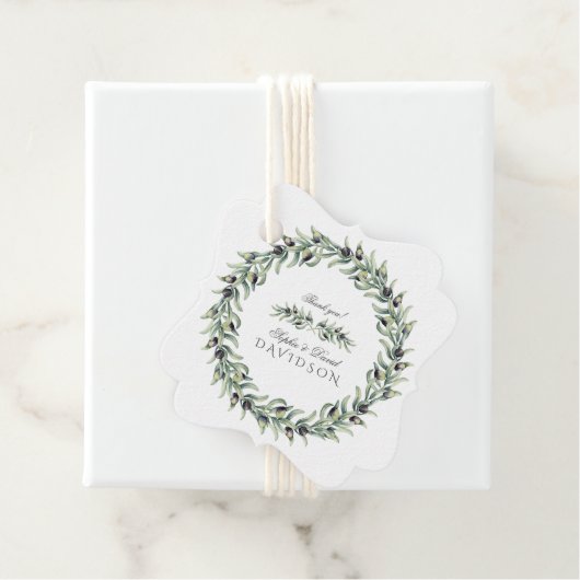 Lush Waterverf Olive Branches Wreath Wedding Bedankjes Labels (In situ)