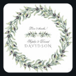 Lush Waterverf Olive Branches Wreath Wedding Vierkante Sticker<br><div class="desc">Moderne vormgeving met waterverf olijftakken met een grote,  olijvenverdeler op witte achtergrond. Het gebruik personaliseert hulpmiddel om uw info toe te voegen. Overeenkomende items kunnen worden gevonden in mijn Collectie Lush Greenery.</div>