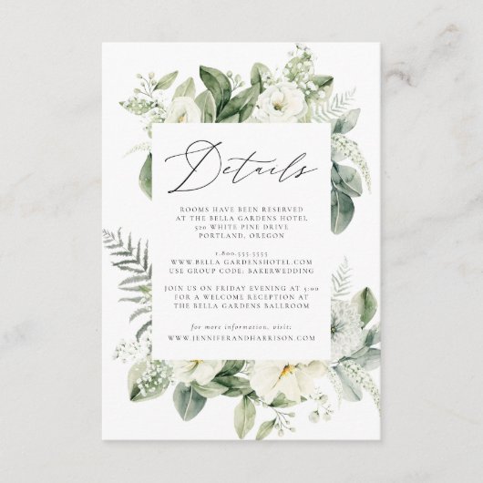 Lush White Bloemen & Groen Gasteninformatie Informatiekaartje (Voorkant)