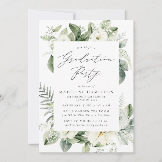Lush White Flowers en Greenery Graduation Party Kaart (Voorkant)