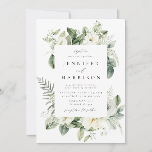 Lush White Flowers en Greenery Lijst Kaart (Voorkant)