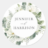 Lush White Flowers en Greenery Wedding Ronde Sticker (Voorkant)