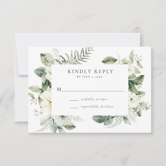 Lush White Flowers en Greenery Wedding RSVP Kaartje (Voorkant)
