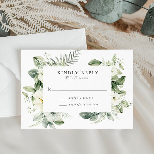 Lush White Flowers en Greenery Wedding RSVP Kaartje