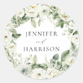 Lush White Flowers en Greenery Wreath Wedding Ronde Sticker (Voorkant)