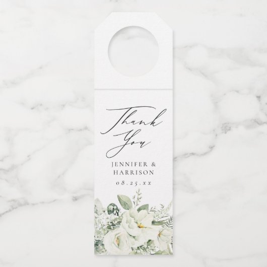 Lush White Flowers & Greenery Personalized Wedding Flessenhanger (Voorkant)