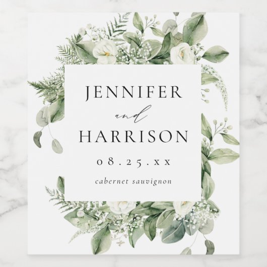 Lush White Flowers & Greenery Personalized Wedding Wijn Etiket (Enkel label)