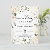 Lush white roses green eucalyptus bruiloft brunch kaart (Staand voorkant)