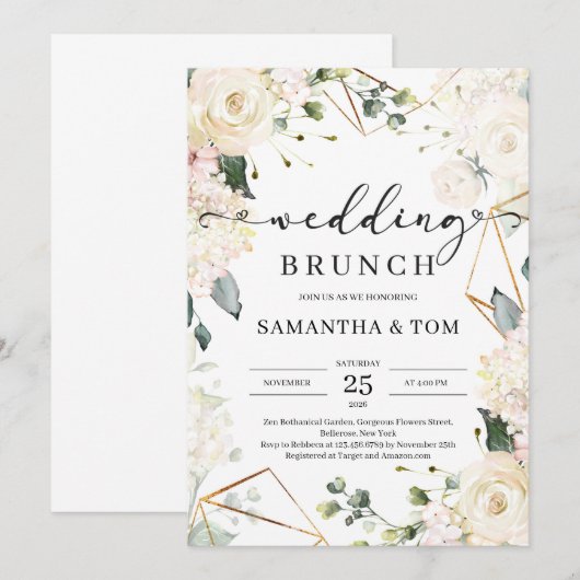Lush white roses green eucalyptus bruiloft brunch kaart (Voorkant / Achterkant)