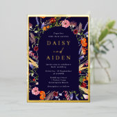 Lush Wildflower Marine & Gouden Folie Bruiloft Folie Uitnodiging (Staand Voorkant)