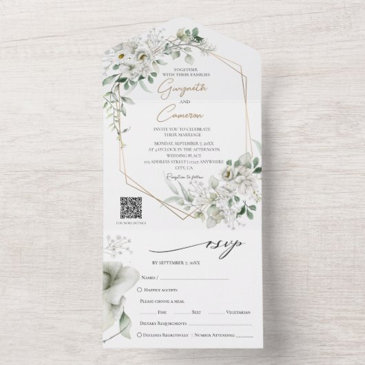 Lush Witte Bloemen QR code Alles in een All In One Uitnodiging (Binnen)