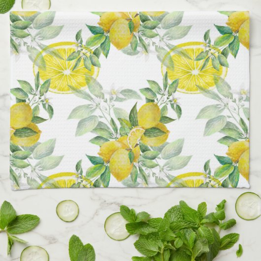 Lush Yellow Lemon en Green Leaves Pattern Theedoek (Gevouwen)