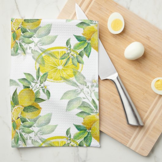 Lush Yellow Lemon en Green Leaves Pattern Theedoek (Quarter Fold)