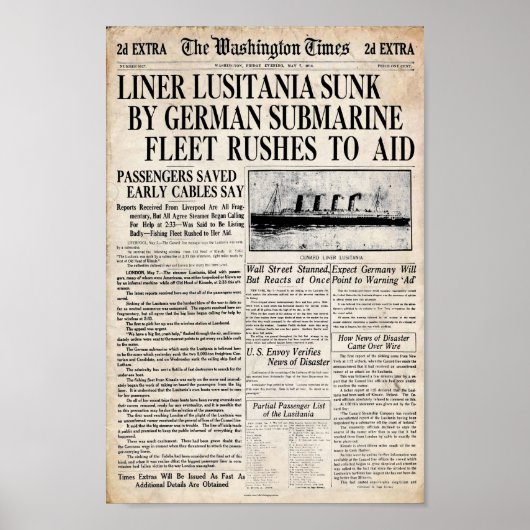  Lusitania Sinking Newspapier Poster (Voorkant)