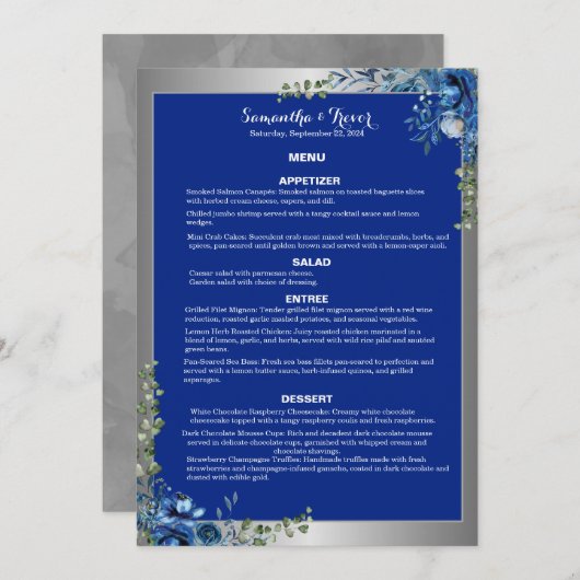 Lustrous Zilver, Blauw Azure Dreams Dinner Menu (Voorkant / Achterkant)