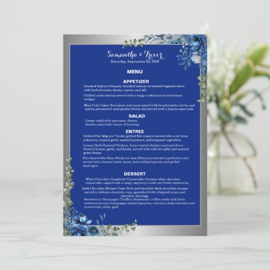 Lustrous Zilver, Blauw Azure Dreams Dinner Menu (Staand voorkant)