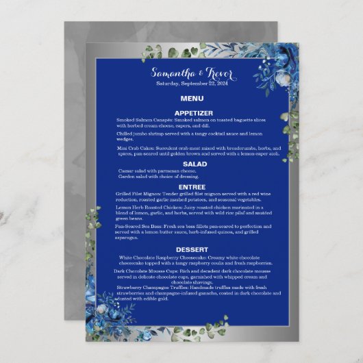 Lustrous Zilver, Blauw Azure Dreams Dinner Menu Kaart (Voorkant / Achterkant)