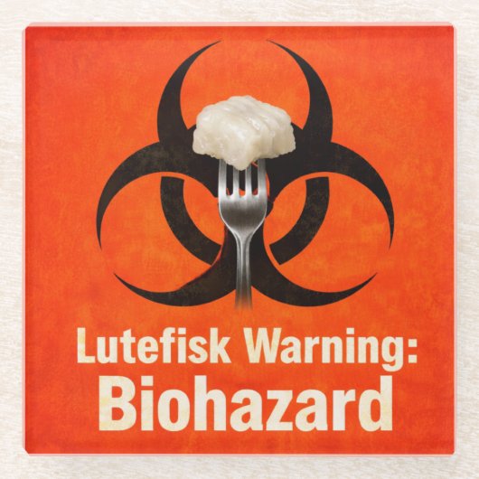 Lutefisk Warning: Biohazard – Funny Scandinavian Glazen Onderzetter (Voorkant)