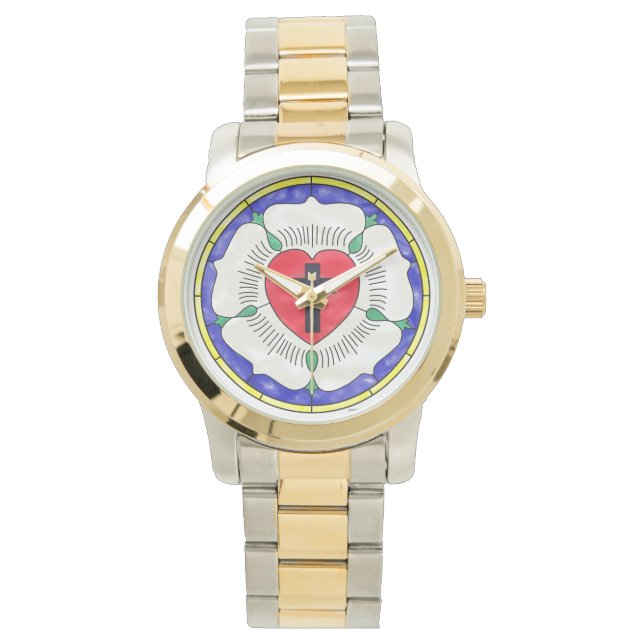 Lutherroos Gebrandschilderd Raam Horloge (Voorkant)