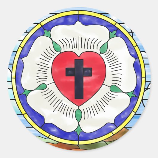 Lutherroos Gebrandschilderd Raam Ronde Sticker (Voorkant)