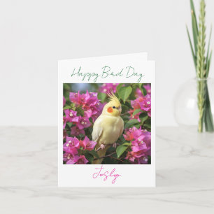 Lutino Cockatiel tussen Paarse Bloemen Verjaardags Kaart