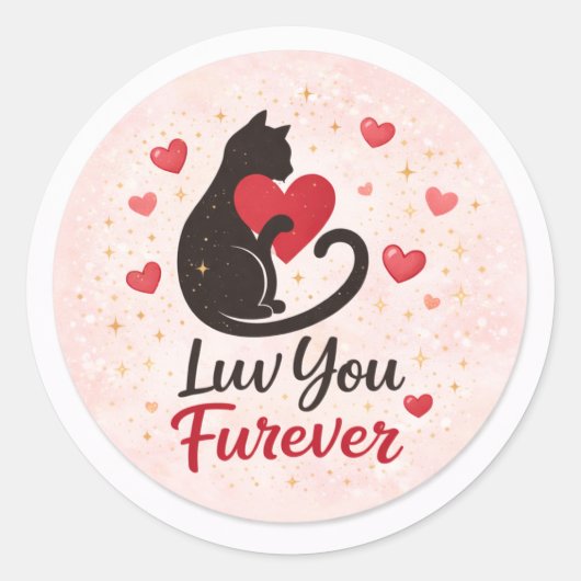 Luv You Furever Kat Sticker – Roze met Rode Harten (Voorkant)