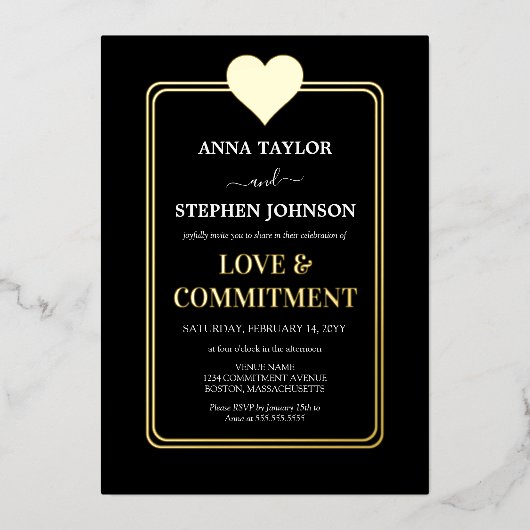 Lux Black Gold Heart Love & Commitment Ceremonie Folie Uitnodiging (Voorkant)