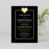 Lux Black Gold Heart Love & Commitment Ceremonie Folie Uitnodiging (Staand Voorkant)