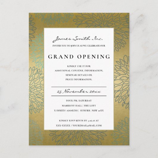 LUX BLUE GOLD DAHLIA FLORAL GRAND OPENING INVITE BRIEFKAART (Voorkant)