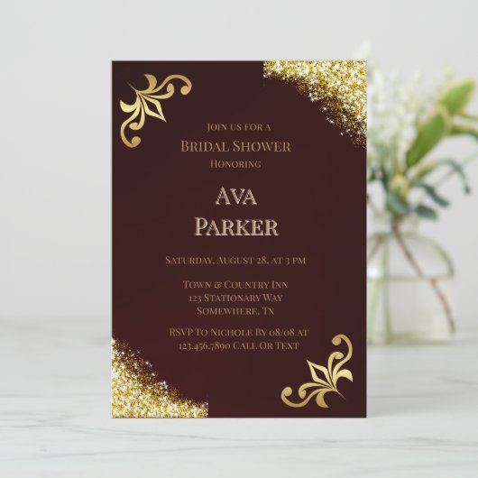 Lux Bourgogne Gold Flourish Glitter Vrijgezellenfe Kaart (Staand voorkant)