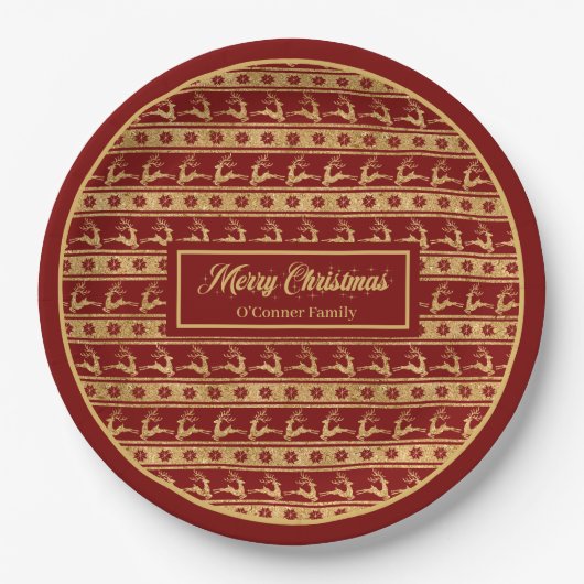 Lux Christmas Plates Custom Red Gold Reindeer Papieren Bordje (Voorkant)