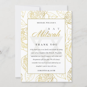 LUX ELEGANT NAVY GOLD ROOS FLORAL BAT BAR MITZVAH BEDANKKAART