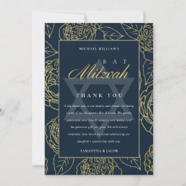 LUX ELEGANT NAVY GOLD ROOS FLORAL BAT BAR MITZVAH BEDANKKAART