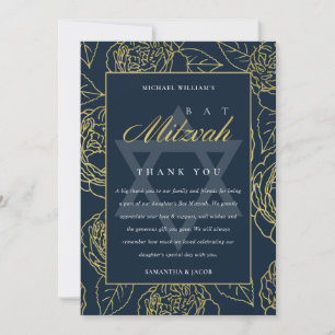 LUX ELEGANT NAVY GOLD ROOS FLORAL BAT BAR MITZVAH BEDANKKAART