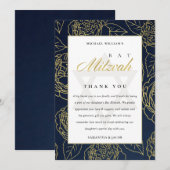 LUX ELEGANT NAVY GOLD ROOS FLORAL BAT BAR MITZVAH BEDANKKAART (Voorkant / Achterkant)