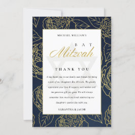 LUX ELEGANT NAVY GOLD ROOS FLORAL BAT BAR MITZVAH BEDANKKAART
