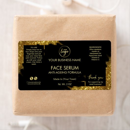 Lux Glitter Black Gold Hair Face Serum Label (Insitu)