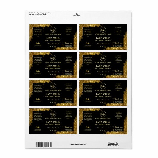 Lux Glitter Black Gold Hair Face Serum Label (Full Sheet)