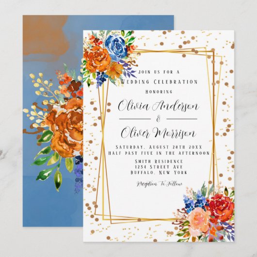 Lux Glitter Blue Oranje Waterverf Floral Wedding Kaart (Voorkant / Achterkant)