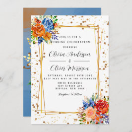 Lux Glitter Blue Oranje Waterverf Floral Wedding Kaart