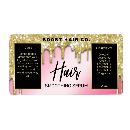 Lux Glitter druist Gold Pink Black Hair Serum Labe Etiket (Voorkant)