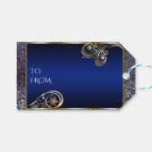 Lux Gold en Blue Snowflake Scrolls Cadeaulabel (Voorkant (Horizontaal))