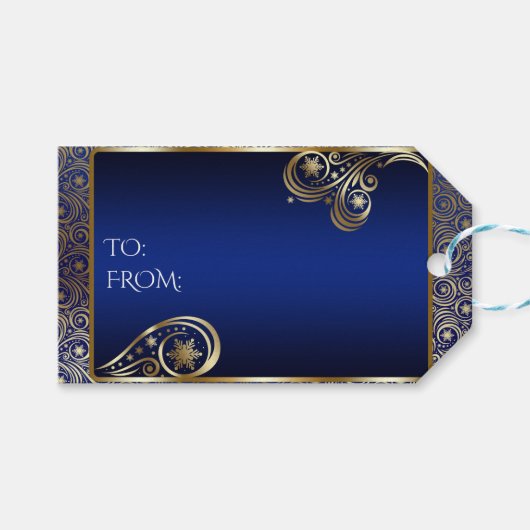 Lux Gold en Blue Snowflake Scrolls Cadeaulabel (Voorkant (Horizontaal))