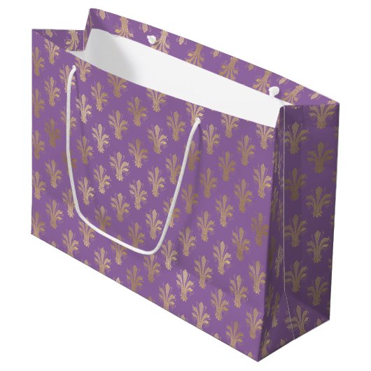 Lux Gold Fleur de Lis en Amethyst Large Gift Bag Groot Cadeauzakje (Voorkant Gekanteld)