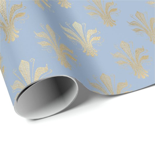 Lux Gold Fleur de Lis en Cerulean Blue Cadeaupapier (Rol Hoek)