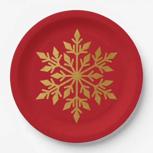 Lux Gold Foil Snowflake Solid Red Kerstparty Papieren Bordje (Voorkant)