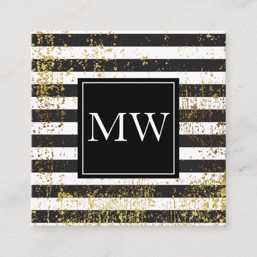 Lux Gold Grunge Monogram Black White Stripes Vierkante Visitekaartje (Voorkant)