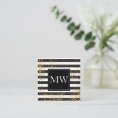 Lux Gold Grunge Monogram Black White Stripes Vierkante Visitekaartje (Staand voorkant)